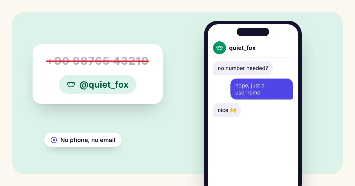 A phone number crossed out and replaced by an anonymous username, next to a chat on a phone where no number is needed