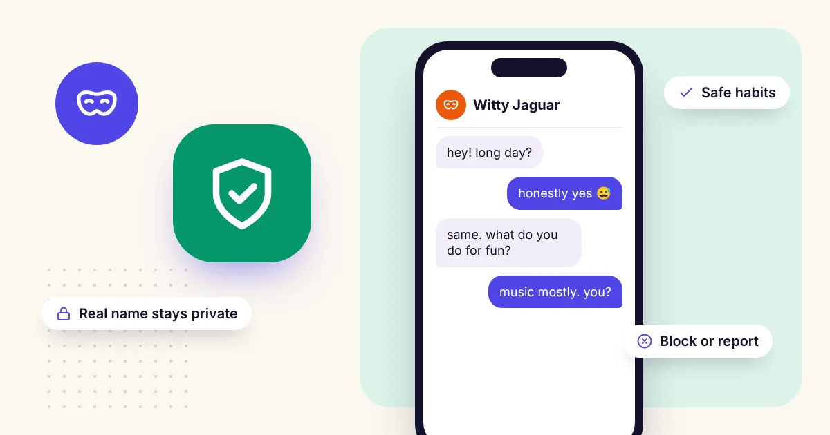 Chatting with strangers safely on DiffWeb Illustration of a friendly anonymous chat between two masked users on a phone, with a green shield and tips to keep your real name private and to block or report