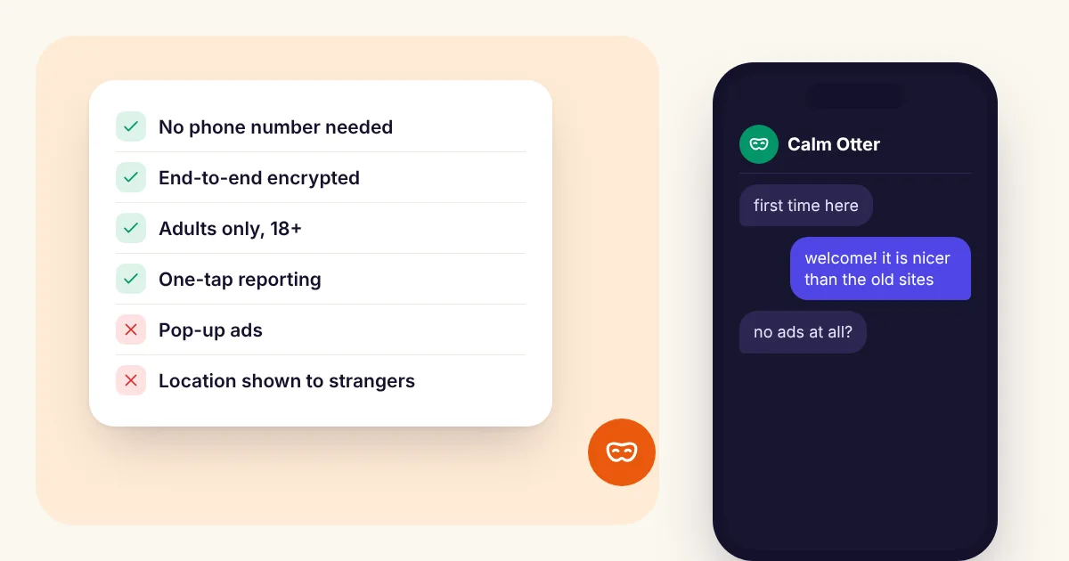 What to check in an Omegle alternative Checklist for choosing an Omegle alternative: no phone number, end-to-end encryption, adults only, one-tap reporting, no pop-up ads and no location shown, next to an anonymous chat on a phone