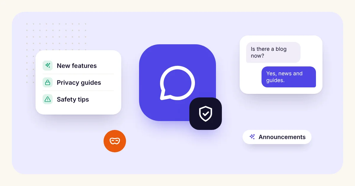 DiffWeb blog: news, privacy guides and safety tips Illustration of the DiffWeb chat logo with a shield, a list of new features, privacy guides and safety tips, and a chat bubble saying the blog is live