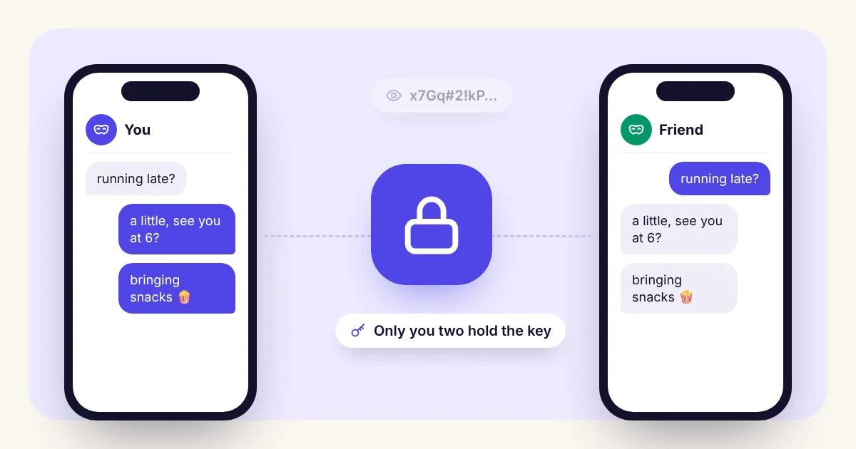 Two phones sending the same message through a padlock in the middle, showing that only the sender and receiver hold the key in end-to-end encryption