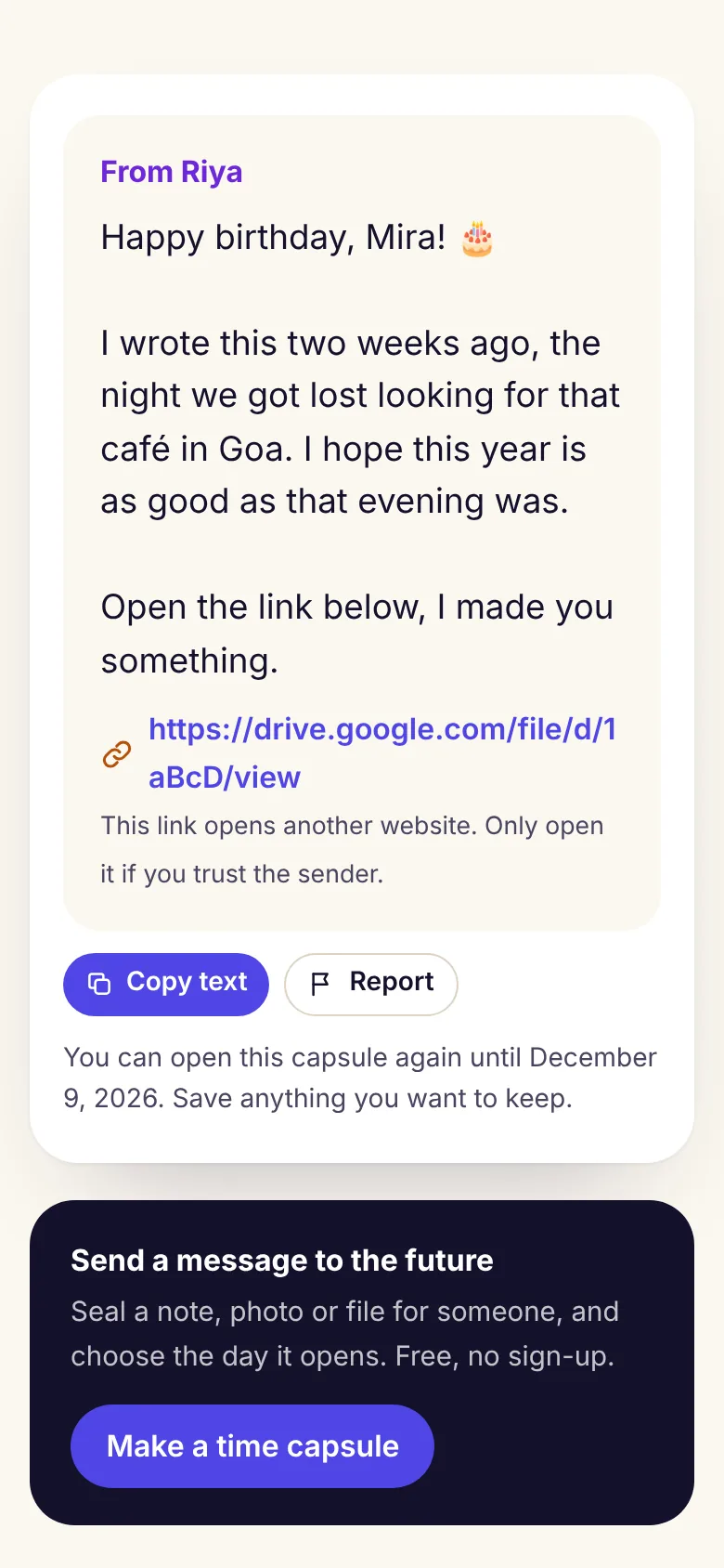 An opened DiffWeb time capsule showing a birthday message and who it is from