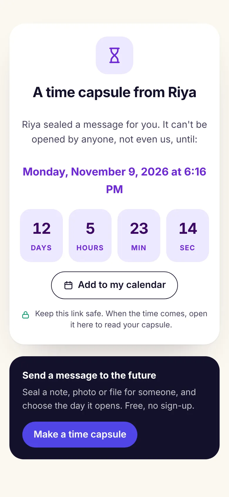 A sealed DiffWeb time capsule with a countdown to the day it opens and a button to add it to the calendar