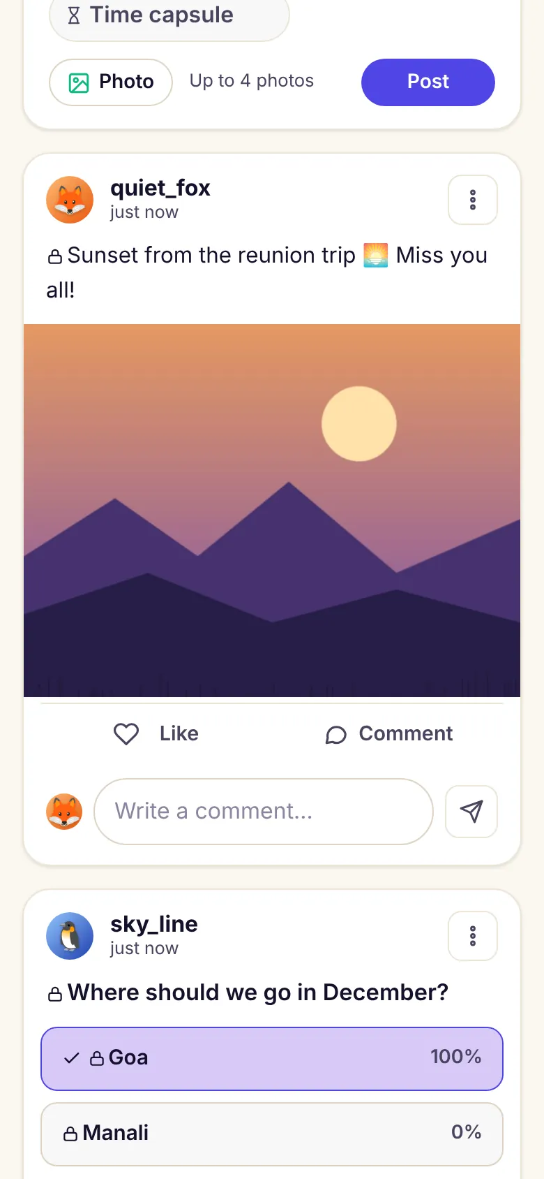 A DiffWeb private circle with a poll and a plan