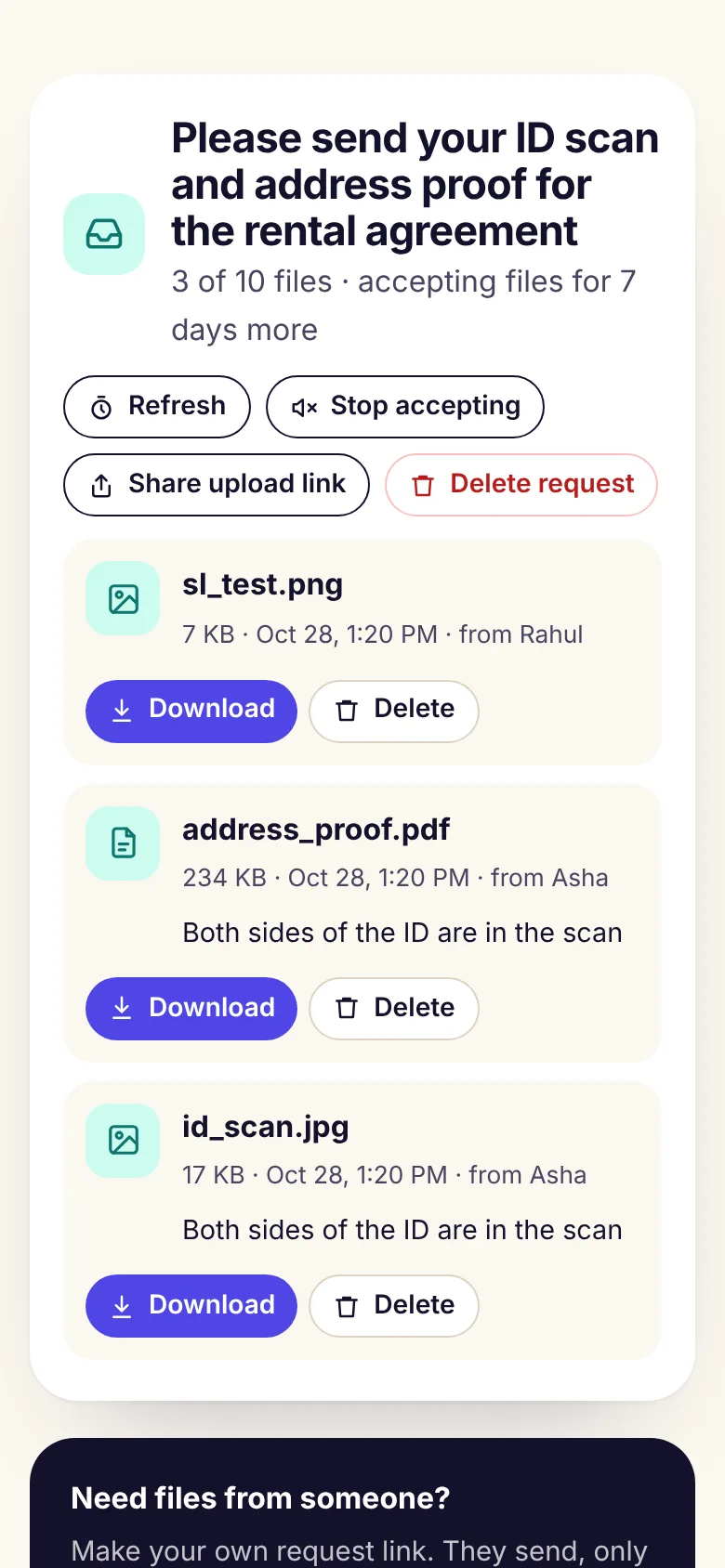 A DiffWeb File Request private page listing received files with who sent them, and download buttons