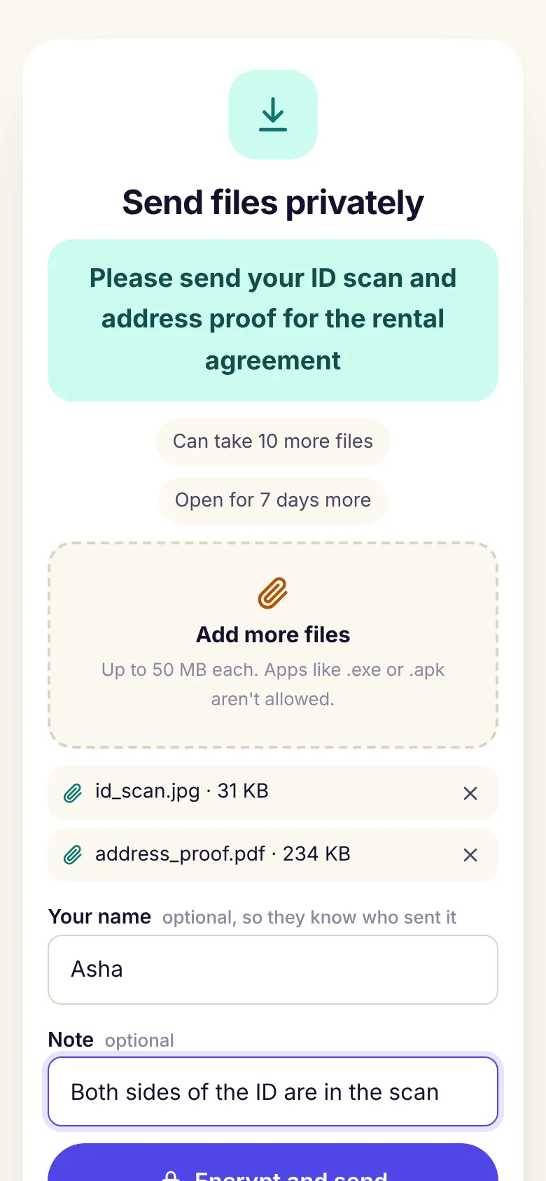 The DiffWeb page for sending files to a request, with two files ready to encrypt and send