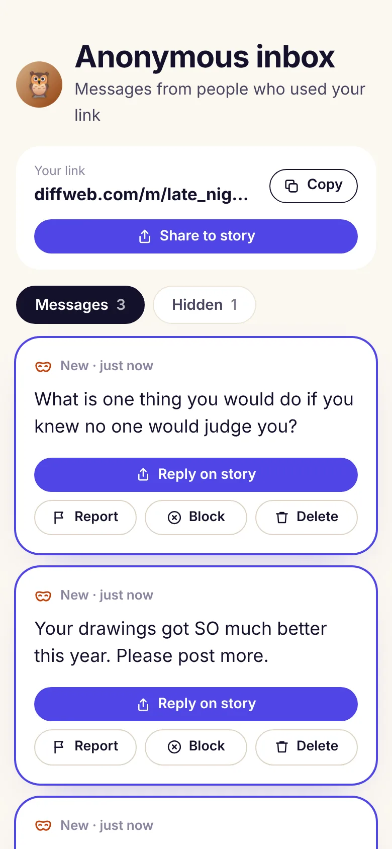 An Anonymous Inbox with three anonymous messages and buttons to reply on story, report, block or delete