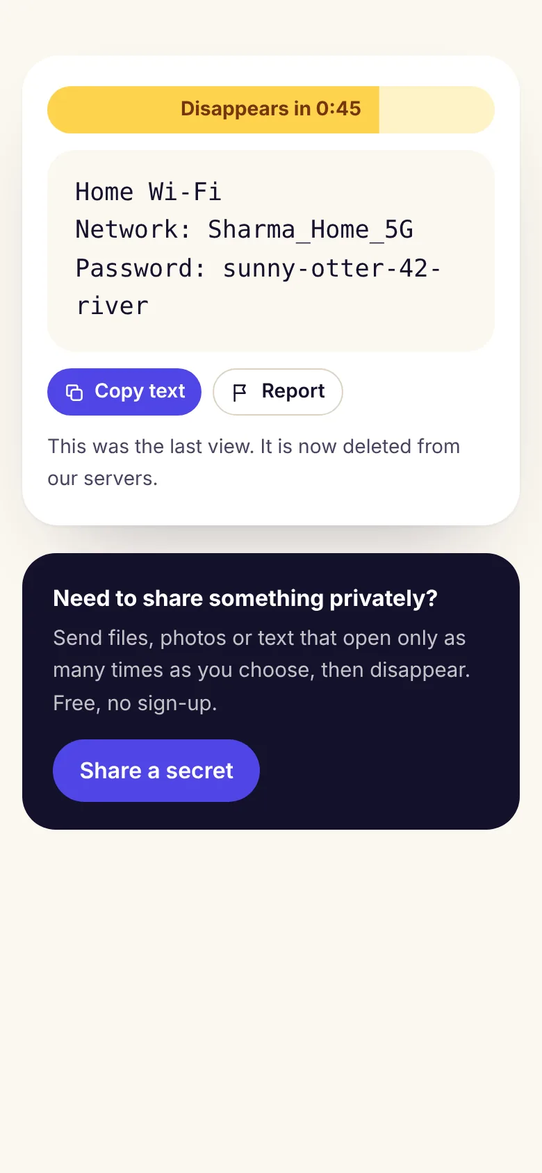 Un secret DiffWeb ouvert avec un mot de passe Wi-Fi, un bouton copier et un minuteur avant sa disparition