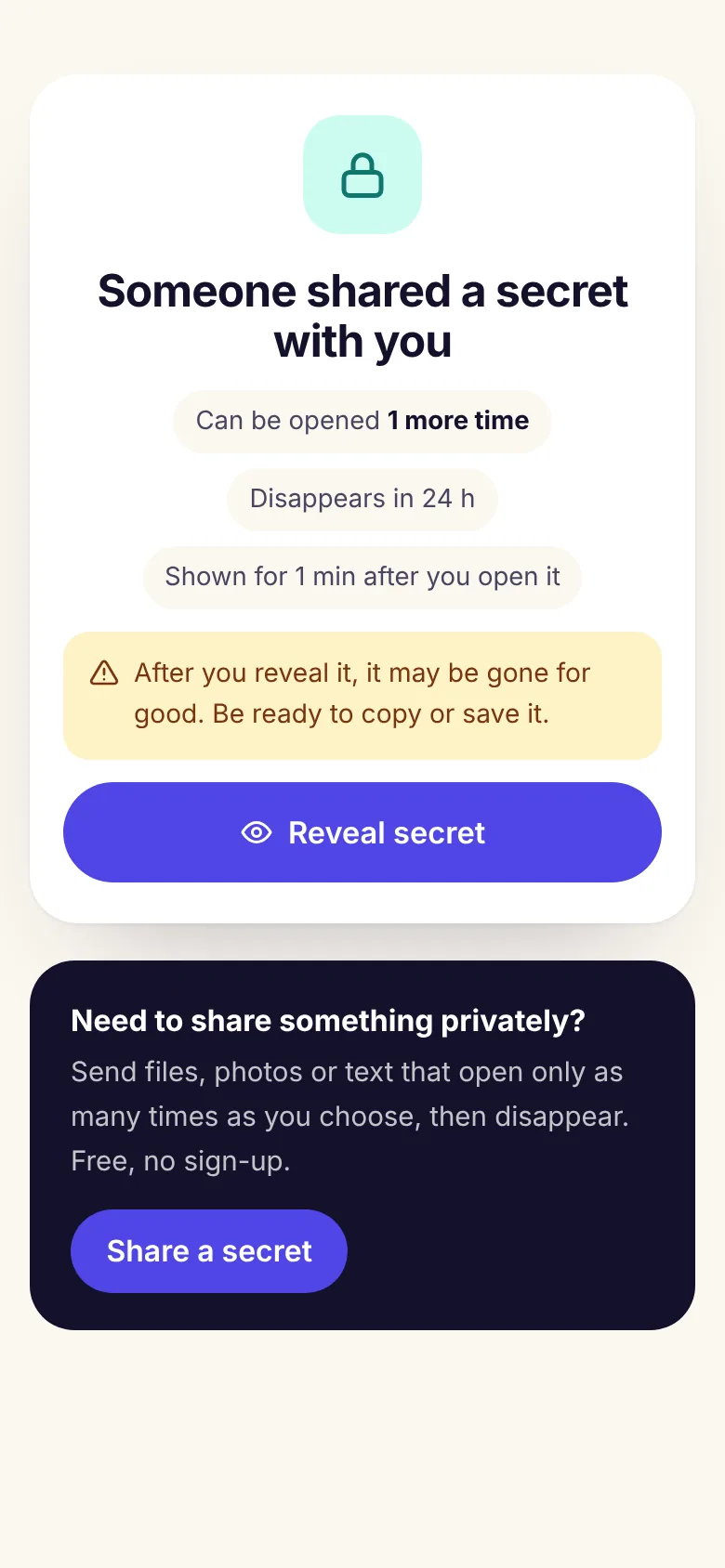 A DiffWeb Secret Share waiting to be revealed, showing it can be opened once and disappears in 1 day