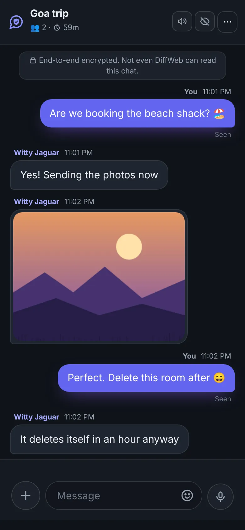 A temporary room on DiffWeb: two anonymous names chatting, with a photo